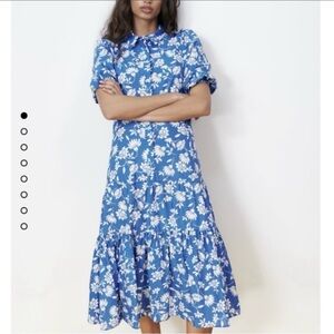 Spring Zara Blue and White Floral Midi Dress XS